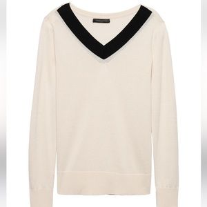 Banana Republic Varsity Merino Wool, Silk & Cashmere Vneck Sweater